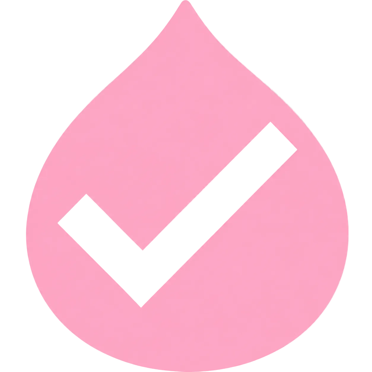 Pink droplet shape with a white check mark on a white background