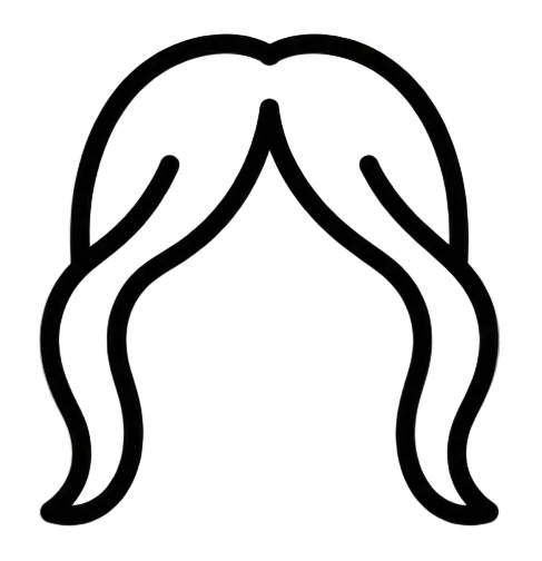 Black line drawing of a wig on a white background